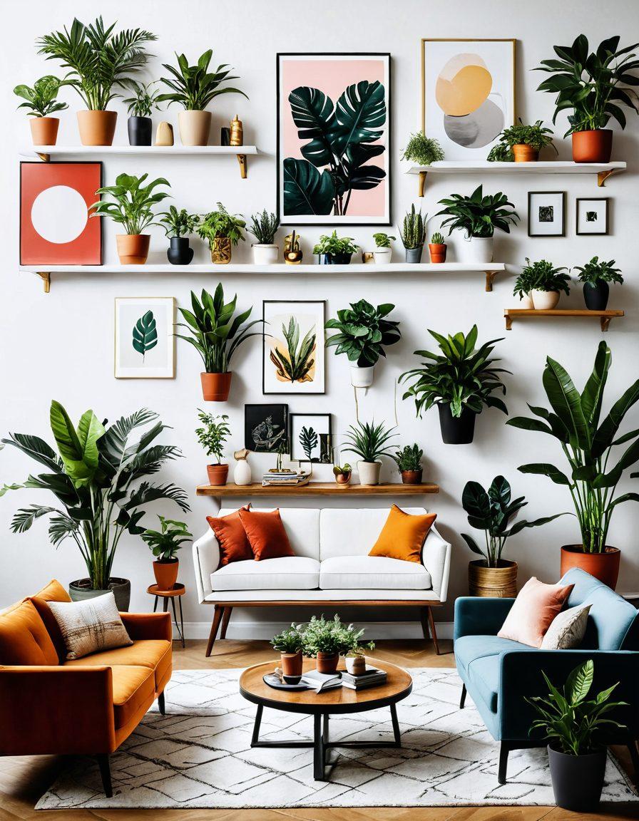 A visually captivating collage showcasing various home enhancement aspects: elegant room decor, stylish furniture arrangements, vibrant wall colors, lush indoor plants, and creative lighting designs. The image should evoke a sense of inspiration and transformation, illustrating both modern and cozy design elements. Include soft light for a warm ambiance. super-realistic. vibrant colors. white background.