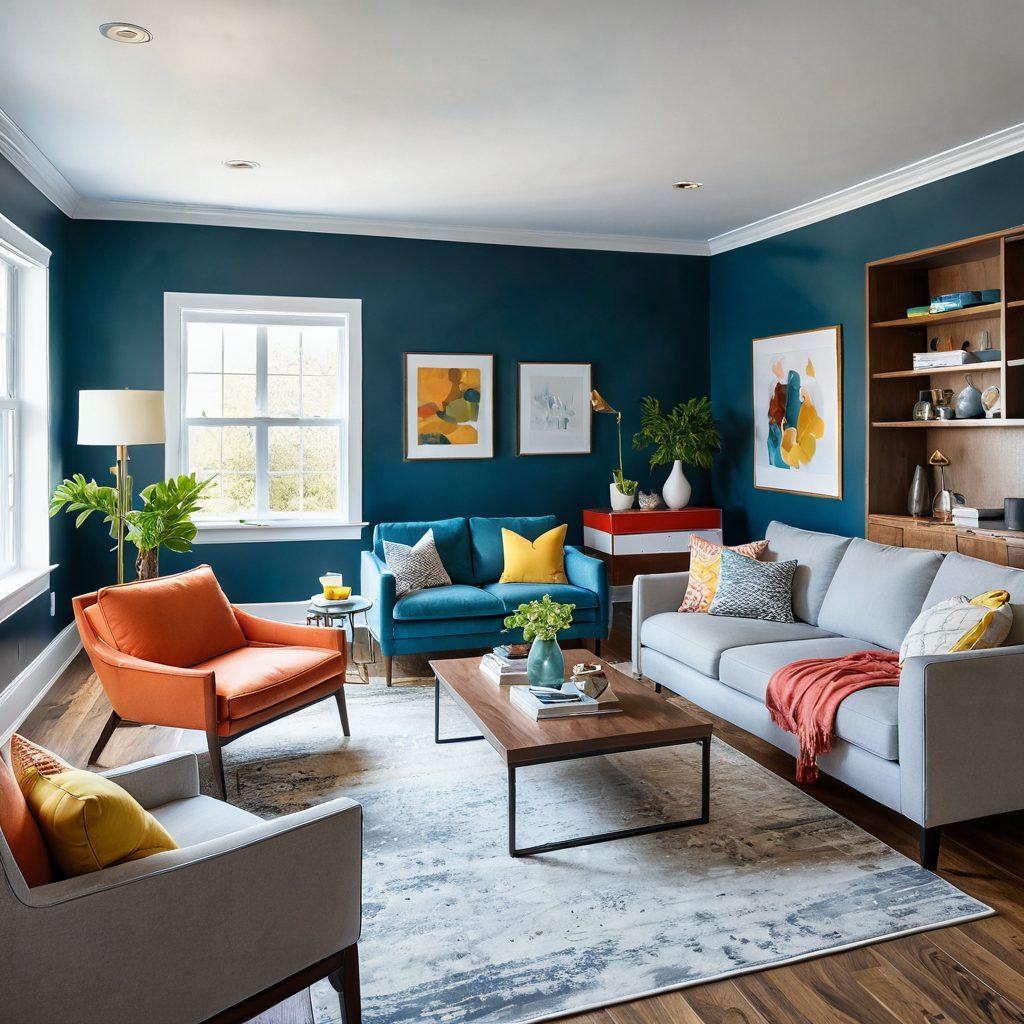 A dynamic living room transformation featuring modern furniture, fresh paintwork, and innovative layout designs. Incorporate a before-and-after split view with tools and materials used in remodeling scattered artistically around. Include bright lighting to highlight the freshness of the revamp, and a group of diverse contractors discussing plans in the background. super-realistic. vibrant colors. airy atmosphere.